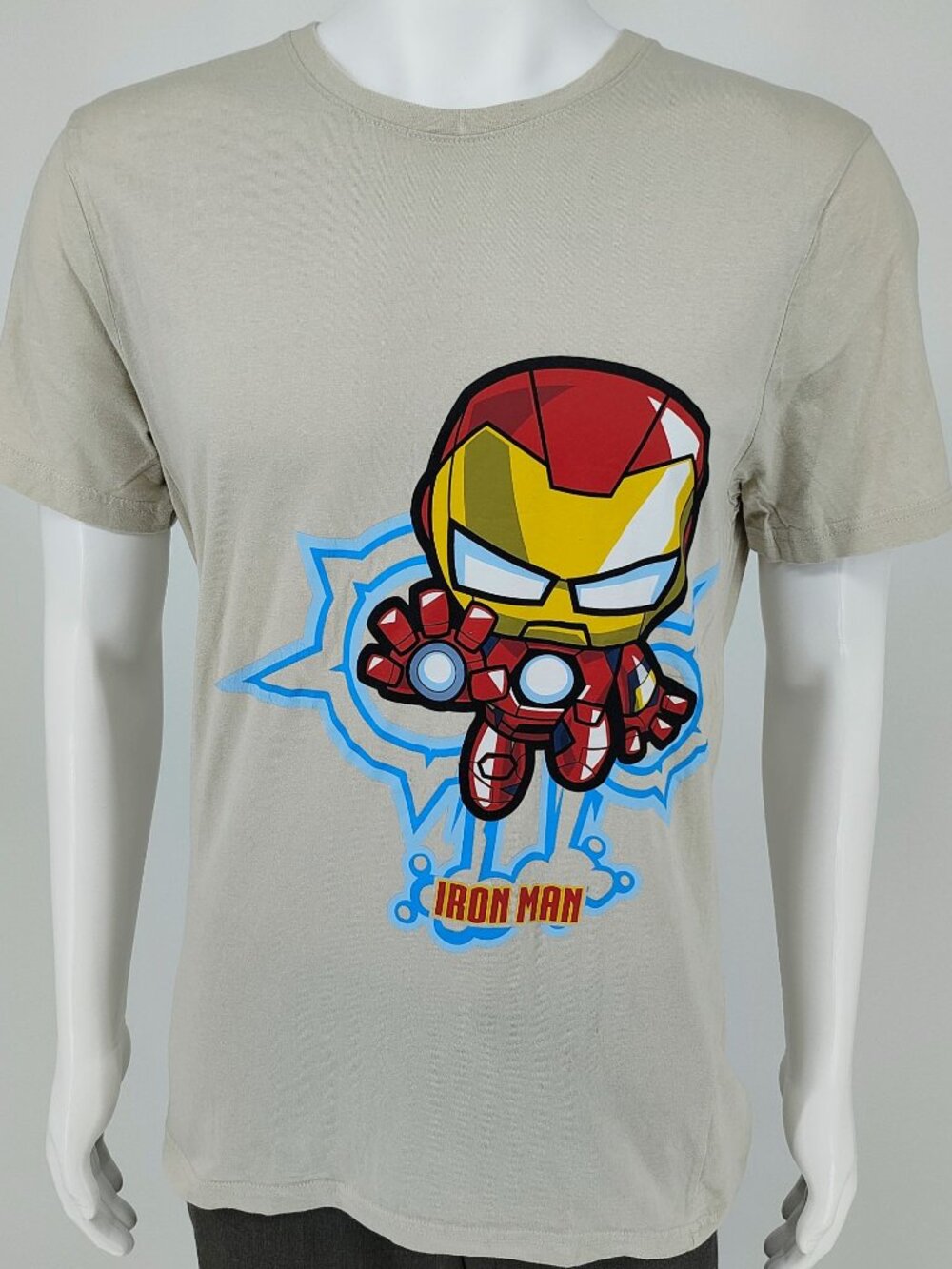 Marvel Avengers Beige/Taupe Iron Man Cartoon Graphic T-Shirt (Large)